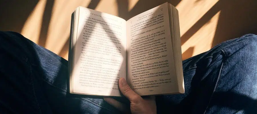 Person reading a book, sunlight illuminating the pages.