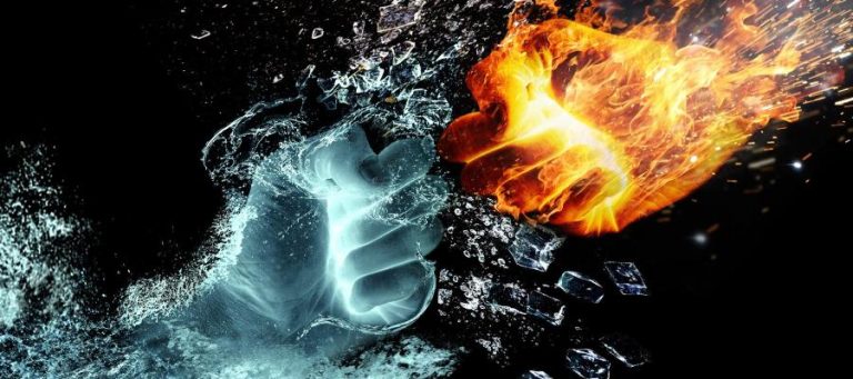 Fiery fist clashes with icy fist, symbolizing conflicting viewpoints. Changing minds.