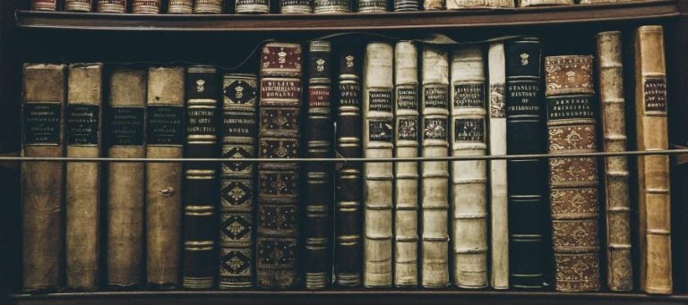 Antique books on a shelf; titles include "Newtoni Principia Philosophiæ" and "Stanley's History of Philosophy.