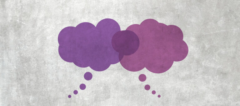 Two overlapping thought bubbles suggest a conversation and potential for changing minds.