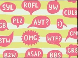 Colorful speech bubbles with internet slang like LOL, OMG, and WTF illustrate the death of the sentence.