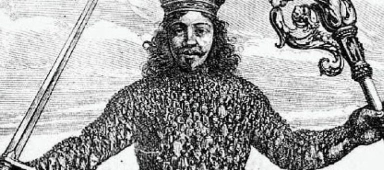 Engraving of a king in chainmail, holding a sword and scepter.