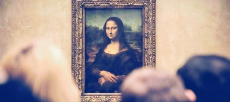 Close-up view of the Mona Lisa painting.