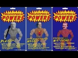 Three action figures of famous philosophers: Plato, Hegel, and Nietzsche. "Philosophical Powers" is on each package.