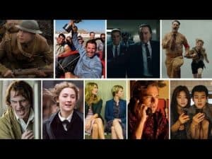 Collage of 2020 film nominees for the Dionysus Awards, including 1917, Ford v Ferrari, The Irishman, Jojo Rabbit, and more.