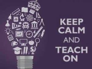Lightbulb graphic filled with education icons; text overlay: "Keep Calm and Teach On