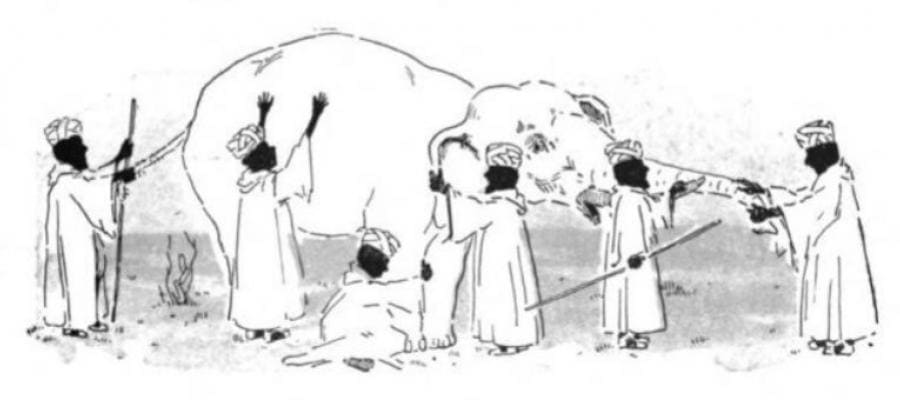 Blind men examining a white elephant, illustrating the limitations of perception and the dangers of relying on incomplete information.
