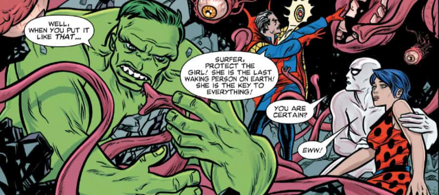 Hulk, Doctor Strange, and other heroes battle monstrous creatures. "Protect the girl!