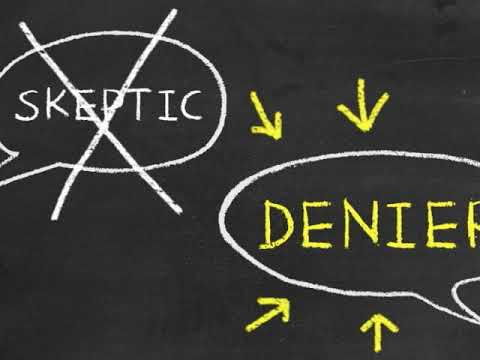 Chalkboard drawing: "Skeptic" crossed out, arrows pointing to "Denier".