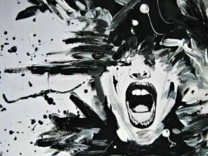 Abstract black and white painting of a screaming face, expressing intense emotion.