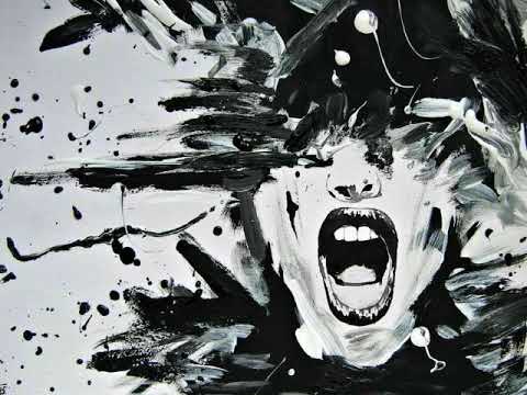 Abstract black and white painting of a screaming face, expressing intense emotion.