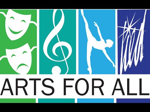 Arts For All logo: theatre masks, musical note, dancer, paintbrush