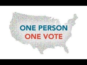 US map composed of dots, text overlay: ONE PERSON ONE VOTE. Illustrates democracy by numbers.