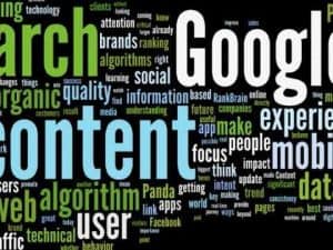 Word cloud showing "Google," "content," "search," "algorithm," and other SEO keywords.