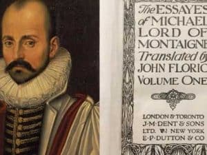Portrait of Michel de Montaigne, author of Essays; book cover featuring title and translator.