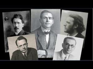 Black and white portraits of members of the Vienna Circle, including Moritz Schlick, Rudolf Carnap, and others.