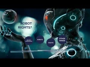 Futuristic robot hand reaching, questioning robot rights and personhood.