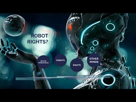 Futuristic robot hand reaching, questioning robot rights and personhood.