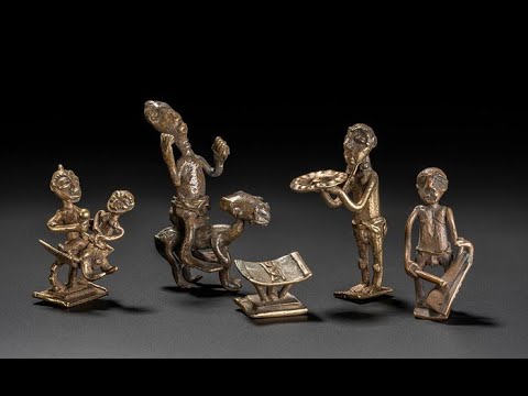 Five bronze Akan figures depicting various activities, illustrating Akan philosophy and personhood.