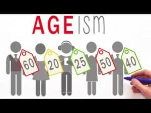 Graphic depicting ageism with figures labeled with ages 20, 25, 40, 50, and 60.