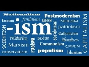 Word cloud showing various "-isms" including nationalism, feminism, and capitalism, illustrating different ideologies.