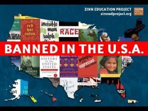 Map of US with covers of banned books: "Banned in the U.S.A.