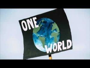 Protest sign reading "ONE WORLD" with a painted Earth. Climate change collective action.