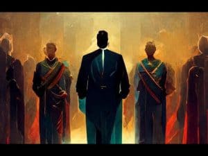 A man in a suit stands before a group of robed figures, symbolizing virtuous leadership.