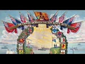 Allegorical painting of the British Empire, circa 1900, showing flags and coats of arms. "An Empire on Which the Sun Never Sets" is inscribed.