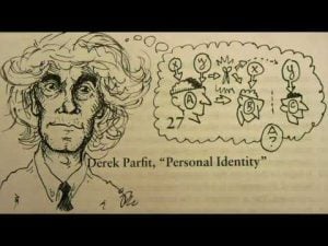 Illustration of Derek Parfit and a diagram explaining his theory of personal identity.