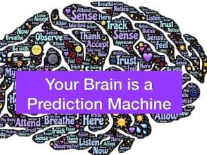 Brain graphic with words like "sense," "trust," and "predict," illustrating the power of prediction.