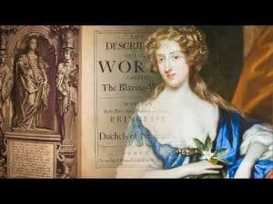 Portrait of Margaret Cavendish, Duchess of Newcastle, with her book, "The Description of a New World.