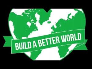 Green heart-shaped world map: Build a Better World
