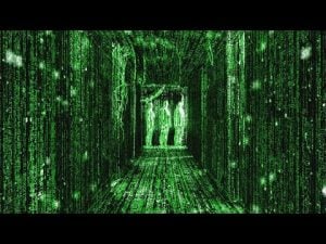 Green digital rain falling in a corridor, simulating the Matrix.