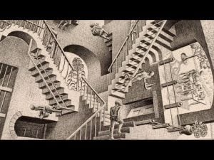 Penrose stairs impossible world lithograph; surreal architecture with figures.