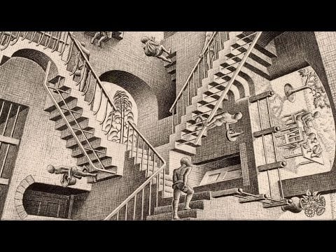 Penrose stairs impossible world lithograph; surreal architecture with figures.
