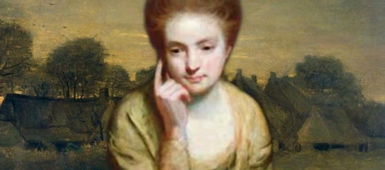 Portrait of a pensive woman, superimposed on a landscape painting reminiscent of a fading republic.
