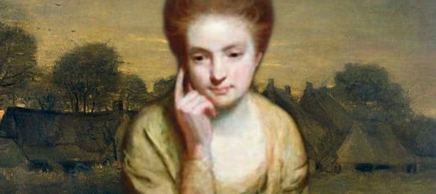 Portrait of a pensive woman, superimposed on a landscape painting reminiscent of a fading republic.