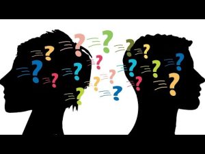 Two silhouettes share colorful question marks, symbolizing mind sharing and communication.