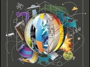 Collage depicting a globe surrounded by diverse elements, including a UFO, octopus, dragon, and scientific formulas. Why is the world so weird?