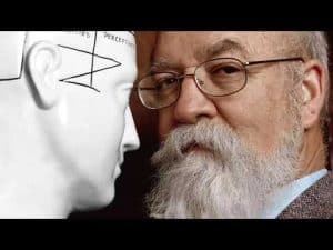 Philosopher Daniel Dennett, alongside a diagram of the human brain, illustrating his work on consciousness.