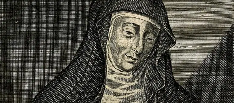 Engraving of a nun, possibly a historical figure relevant to moral philosophy.