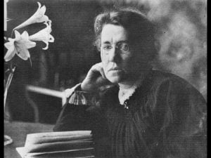Black and white portrait of Emma Goldman, famed anarchist and writer.