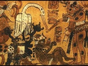 Mayan painting depicting a bird, figures, and glyphs, illustrating crisis and creativity in Mayan mythology.