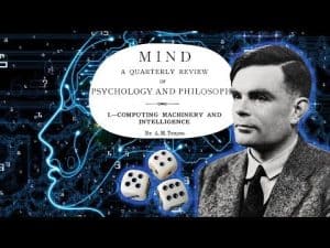 Alan Turing portrait with "Computing Machinery and Intelligence" text and dice, referencing his work on the limits of computation.