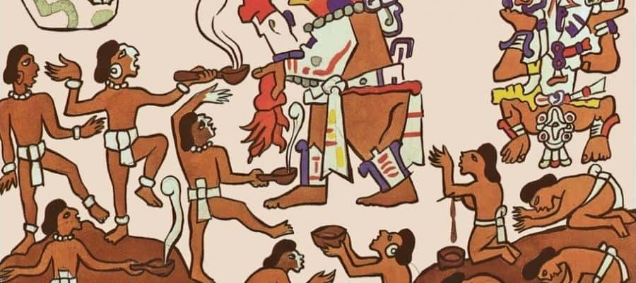 Aztec Codex illustration depicting a ritual cacao ceremony, possibly related to world (re)creation.