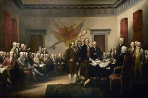 John Trumbull's painting, "Declaration of Independence," depicts the Continental Congress signing the document. The scene is filled with historical figures, signifying the momentous meaning of the American Revolution.