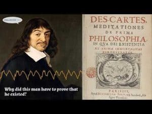 Portrait of René Descartes; his book, *Meditations on First Philosophy*, is shown.
