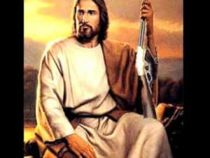Jesus Christ holding a rifle, sunset background. How relevant is Jesus today?