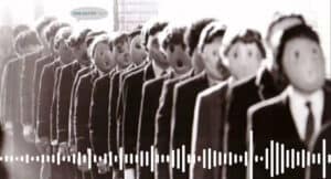 Line of children wearing identical masks, questioning childhood.